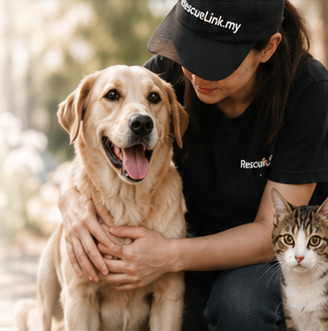 Rescuer with a rescued dog and cat